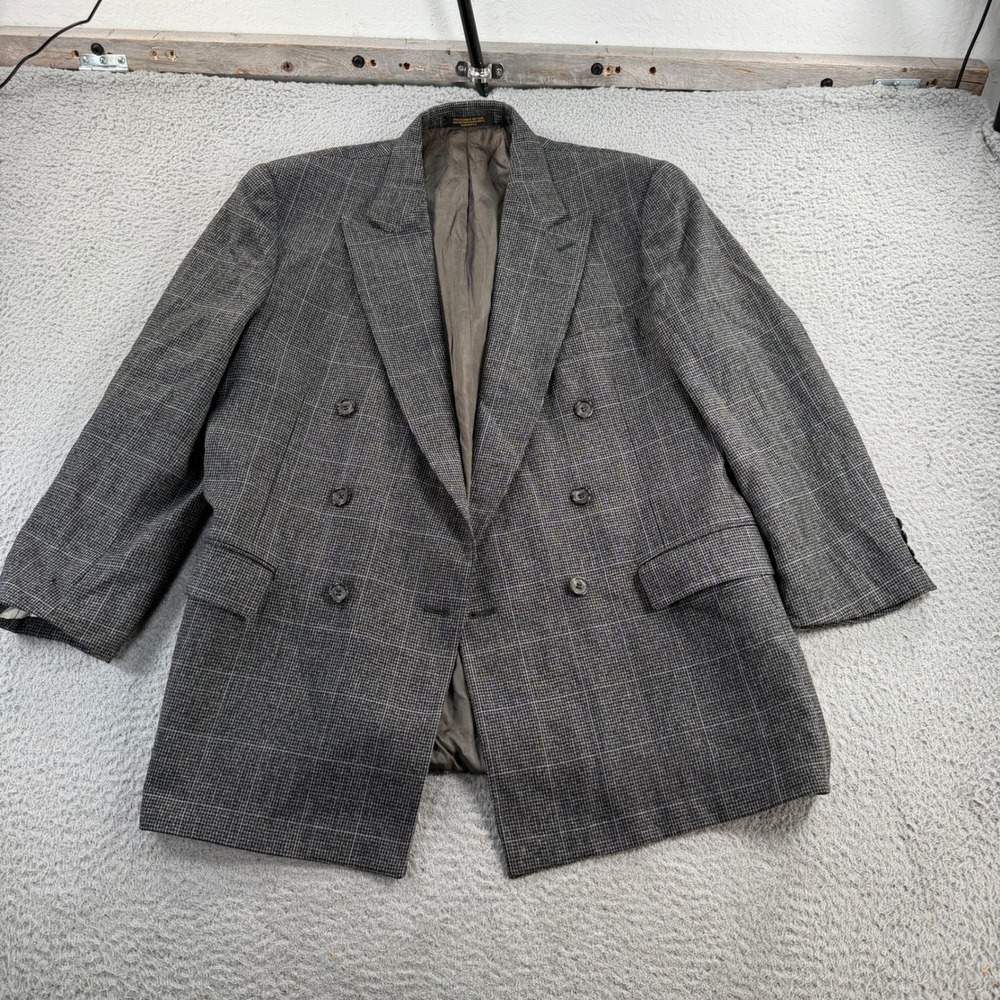 VTG Evan Picone Double Breasted Blazer Men 42R Grey Wool Tweed Herringbone Union